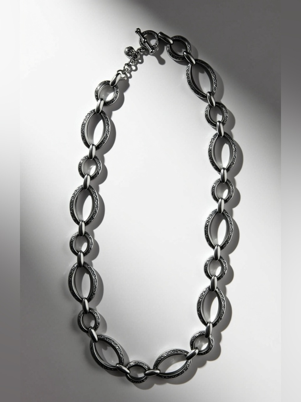 Brighton Alta Silver Plated Etched Oval Link Necklace Vintage Scroll Chain